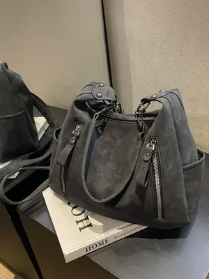 Women's Fashion Solid Color Studded Decor Zipper Crossbody Bag, Vintage Large Size PU Leather Shoulder Bag for Daily Used, Si...