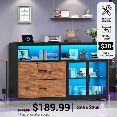 SEDETA | 59 Inch 2 Drawers File Cabinet Display Cabinet with Lock and Power Outlets Printer Stand with Storage Black Home Off...