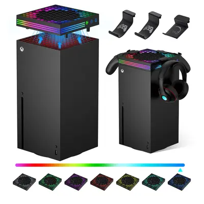 Cooling Fan for Xbox Series X with RGB Light Strip & 3 Detachable Hooks, Wiilkac 4 in 1 Top Fan Cooling System with Built-in ...