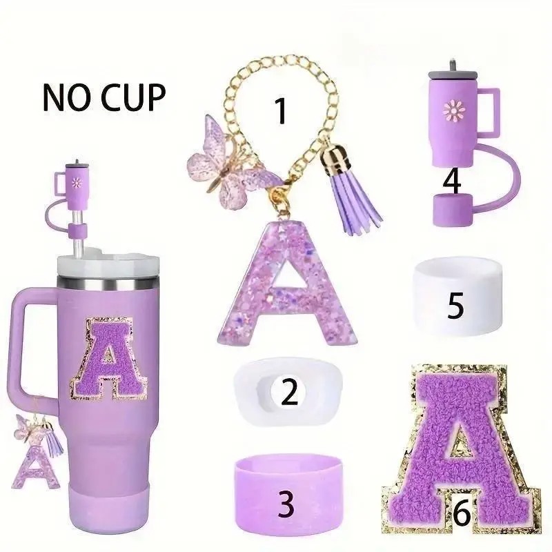 Letter Glitter Water Bottle Accessories Set, 6 Counts/set Water Bottler Decorative Accessories, Personalized Drinkware Access...