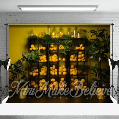 Glass Jar Lemon Green Leaves Fruits Spring Backdrop - Aperturee