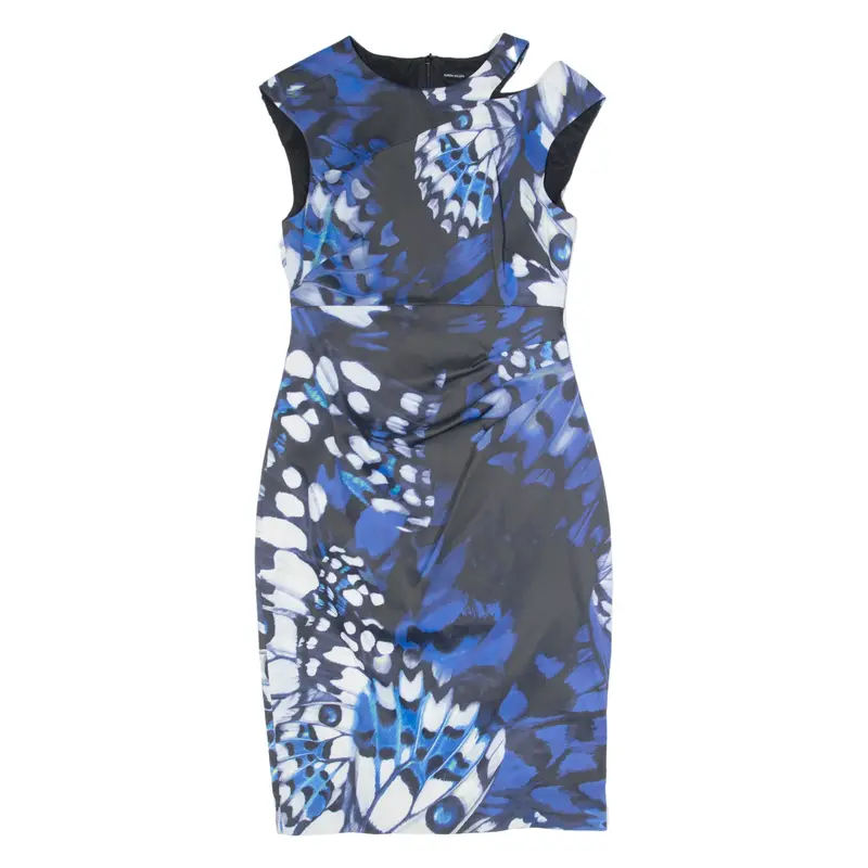 KAREN MILLEN Womens Pencil Dress Blue Crazy Pattern Sleeveless Midi UK 12