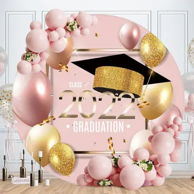 Gold Pink Balloons Round Class Of 2022 Backdrop - Aperturee