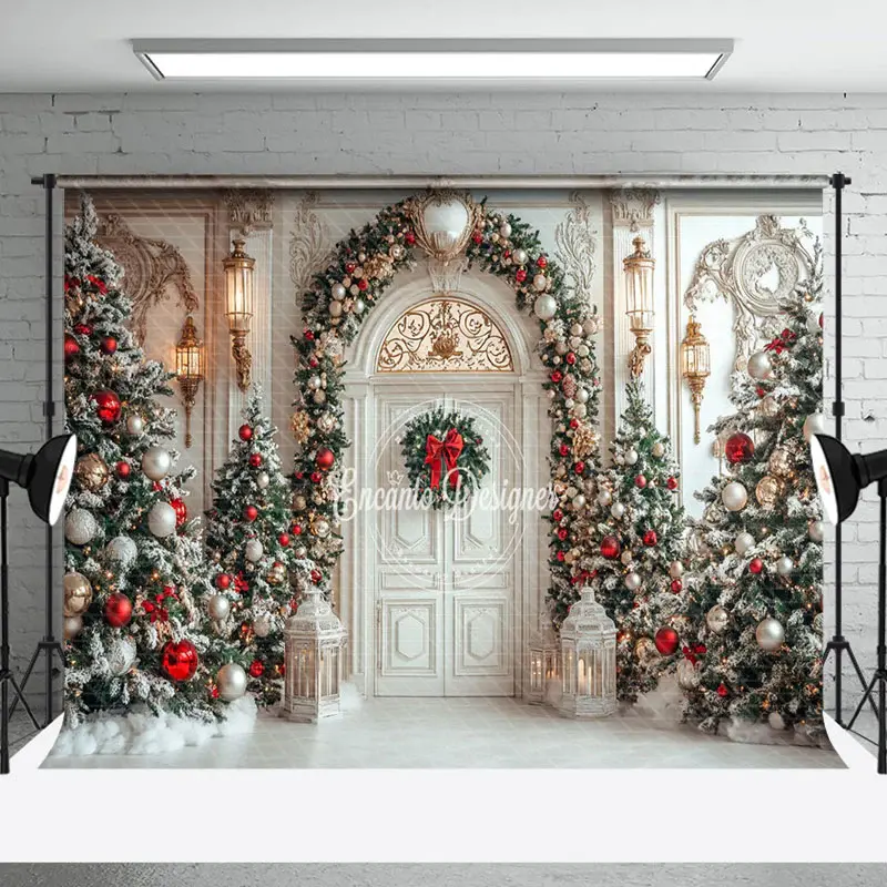 Aperturee White Retro Door Snowy Christmas Tree Decor Backdrop | Christmas Scenic Backgrounds | Diy Christmas Backdrop | Chri...