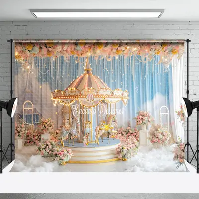 Floral Merry Go Round Blue Curtain Cloud Backdrop - Aperturee