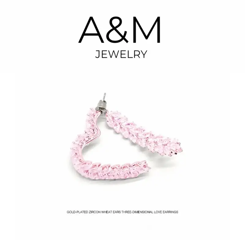 A&M Pink 14K Gold Plated Wheat Heart Earrings for women- Elegant Rhinestone Design Earring, Jewelry
