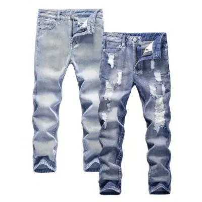 2pcs Boys' Fashion Denim Jeans - Distressed & Washed, Comfortable Cotton Blend, Straight Leg for Street Style