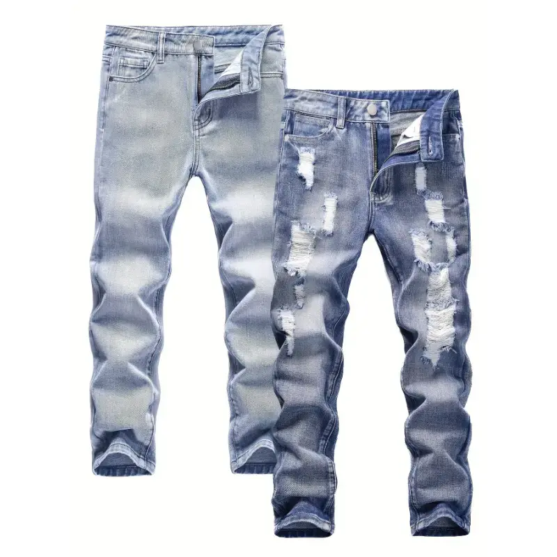 2pcs Boys' Fashion Denim Jeans - Distressed & Washed, Comfortable Cotton Blend, Straight Leg for Street Style