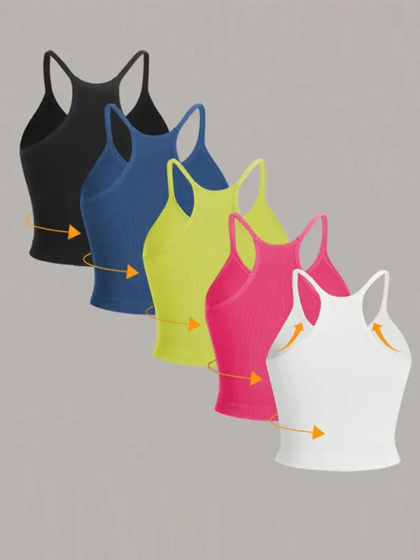 Women's Plain Round Neck Crop Sports Tennis Vests, Sporty Sleeveless Ribbed Crop Cami Top for Yoga Gym Workout, Workout Tops,...