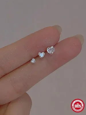 925 Sterling Silver Heart Shaped Rhinestones Stud Earrings, 3 Counts Classic Style Simple Earrings for Women, Party, Daily C...