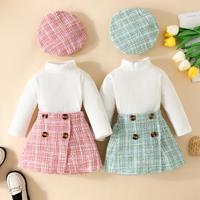Toddler Girl Spring Fall 3Pcs Outfit Solid Color Ribbed Long Sleeve Tops Plaid Tweed Pattern Skirt Beret Set