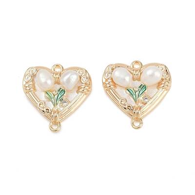 Brass Enamel & Natural Pearl Heart with Flower Connector Charms