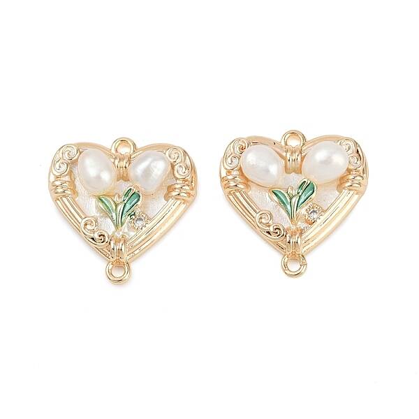 Brass Enamel & Natural Pearl Heart with Flower Connector Charms