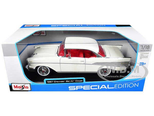 1957 Chevrolet Bel Air Coupe White with Red Interior Special Edition Series 1/18 Diecast Model Car by Maisto