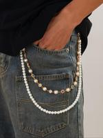 Faux Pearl & Rhinestone Decorated Waist Chain, Fashionable Flower Design Pants Chain for Men, Casual Trendy Accessories for D...
