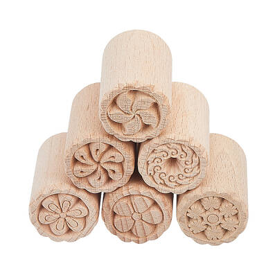 CHGCRAFT 6pcs Floral Wooden Pottery Clay Stamp Set Column Wooden Stamps for Clay Hand Carved Stamps DIY Pottery Printing Bloc...