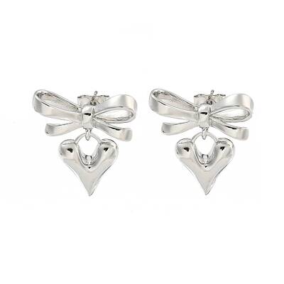 Bowknot & Heart Brass Stud Dangle Earrings for Women