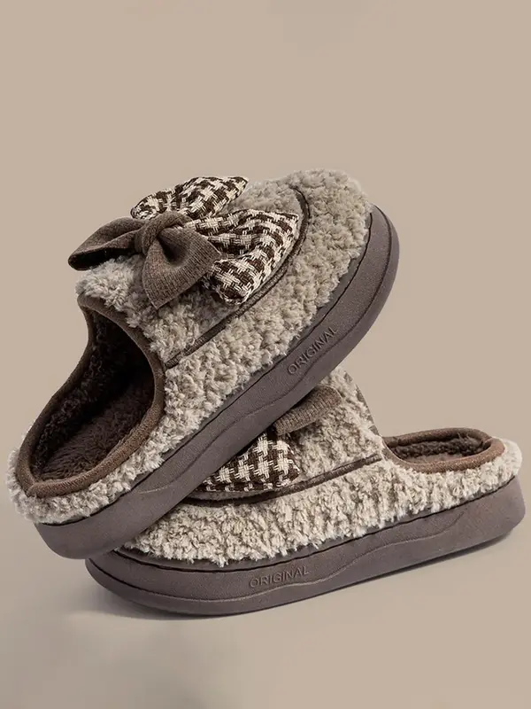 Women's Cute Bowknot Design Plush Slippers, Women Shoes, 2024 New Style Casual Soft Comfortable Home Slippers, Warm Slippers ...