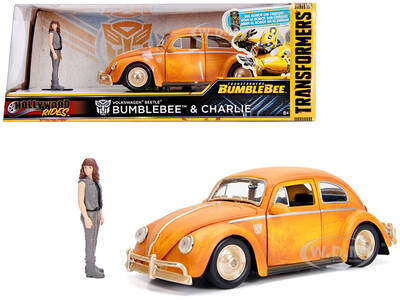 Volkswagen Beetle Weathered Yellow with Robot on Chassis and Charlie Diecast Figurine \