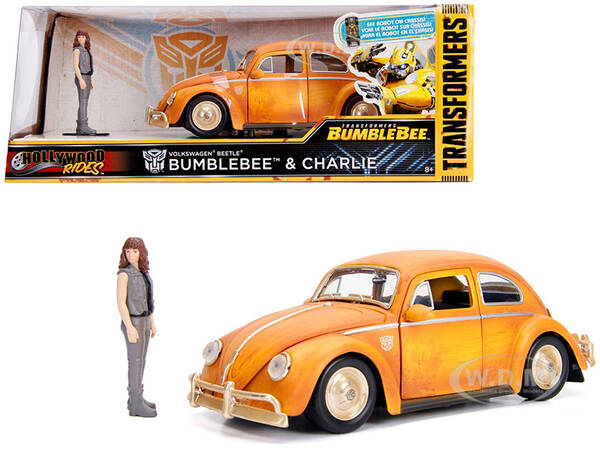 Volkswagen Beetle Weathered Yellow with Robot on Chassis and Charlie Diecast Figurine \