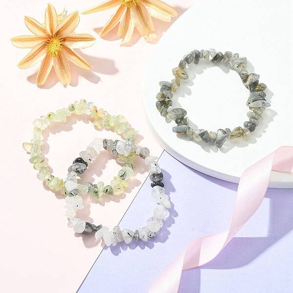 3Pcs 3 Style Natural Mixed Gemstone Chips Beaded Stretch Bracelets Set for Women