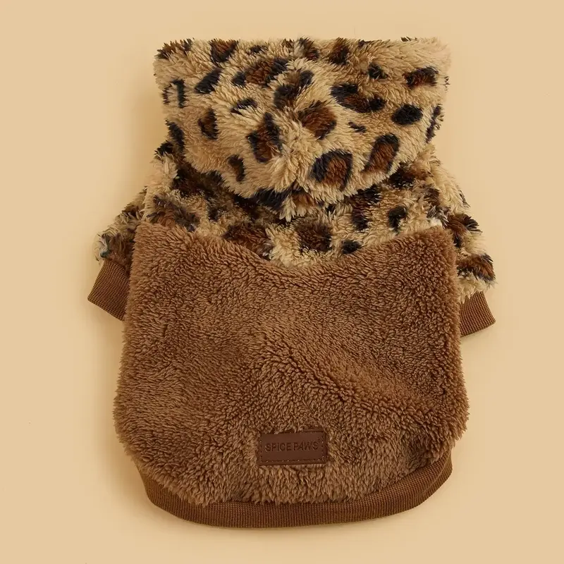 Leopard Print Fuzzy Pet Hoodie, Cute Pet Clothes for Dog & Cat, Pet Clothes for Autumn & Winter, Dog & Cat Outfit