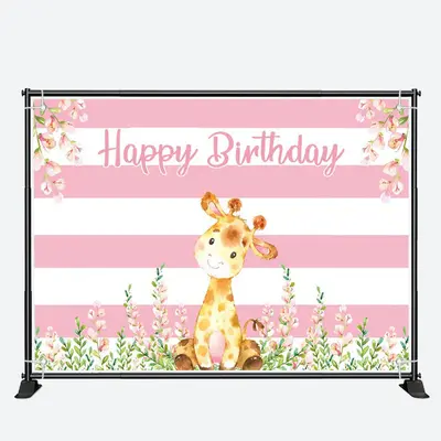 Giraffe Floral Pink White Stripes Birthday Backdrop - Aperturee