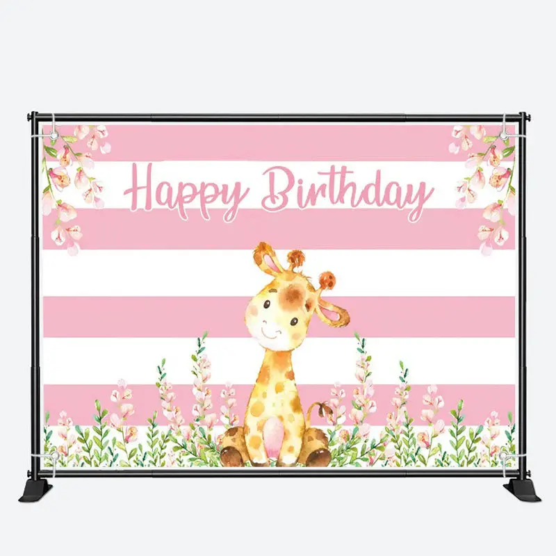 Giraffe Floral Pink White Stripes Birthday Backdrop - Aperturee