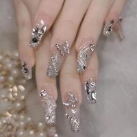 Glitter Silvery Faux Pearl & Butterfly Decor Long Fake Nails, 24pcs Elegant Glue on DIY Stylish Nail Set, Manicure Kit, Nail ...