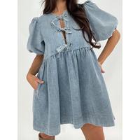 Women Tie Front Denim Dress Round Neck Puff Sleeve A-line Mini Jean Dress with Pockets Pregnant women's long strapless short-...