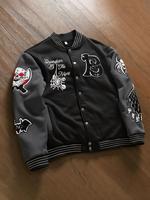 Unisex's Letter & Bat & Skull Patched Button Front Pocket Varsity Jacket, Regular Fit Street Long Sleeve Baseball Collar Oute...