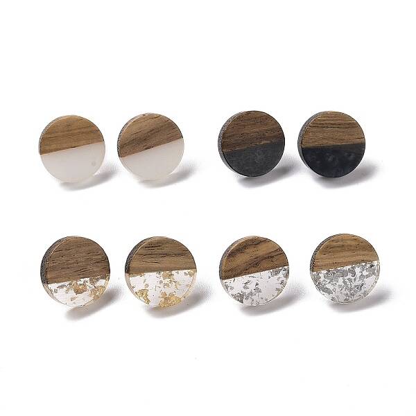 Resin & Walnut Wood Flat Round Stud Earrings with 304 Stainless Steel Pin for Women