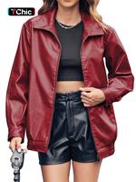 Women's Solid Pocket Zip Up Pu Leather Jacket, Street Fashion Chic Casual Long Sleeve Collared Outerwear for Daily Outdoor W...
