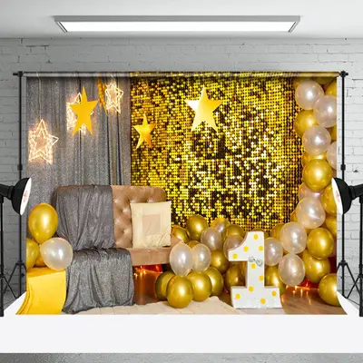 Grey Gold Room Balloons Stars Cake Smash Backdrop - Aperturee