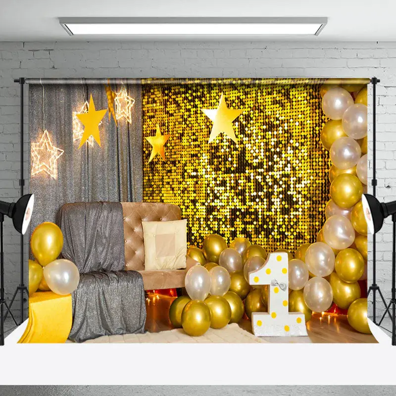 Grey Gold Room Balloons Stars Cake Smash Backdrop - Aperturee