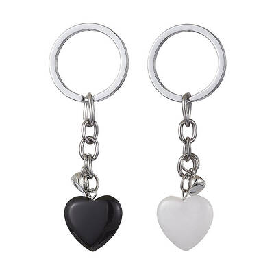 Natural Black Stone & Natural White Jade Heart Keychains