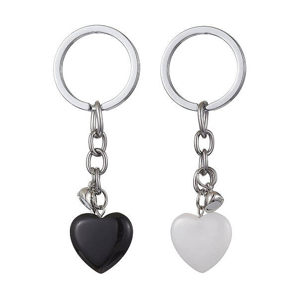 Natural Black Stone & Natural White Jade Heart Keychains