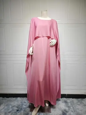 Women's Solid Color Two-piece Chiffon Abaya Dress, Modest Fashion Casual Round Neck Long Sleeve Dress for Daily Outdoor Wear,...