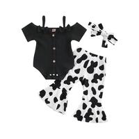 Cow Print Bell Bottoms Outfits Toddler Girl Short Sleeve Romper Rib Knit Button Bodysuit Flare Pants Clothes Summer