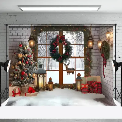 Aperturee White Brick Wall Interior Christmas Photo Backdrop