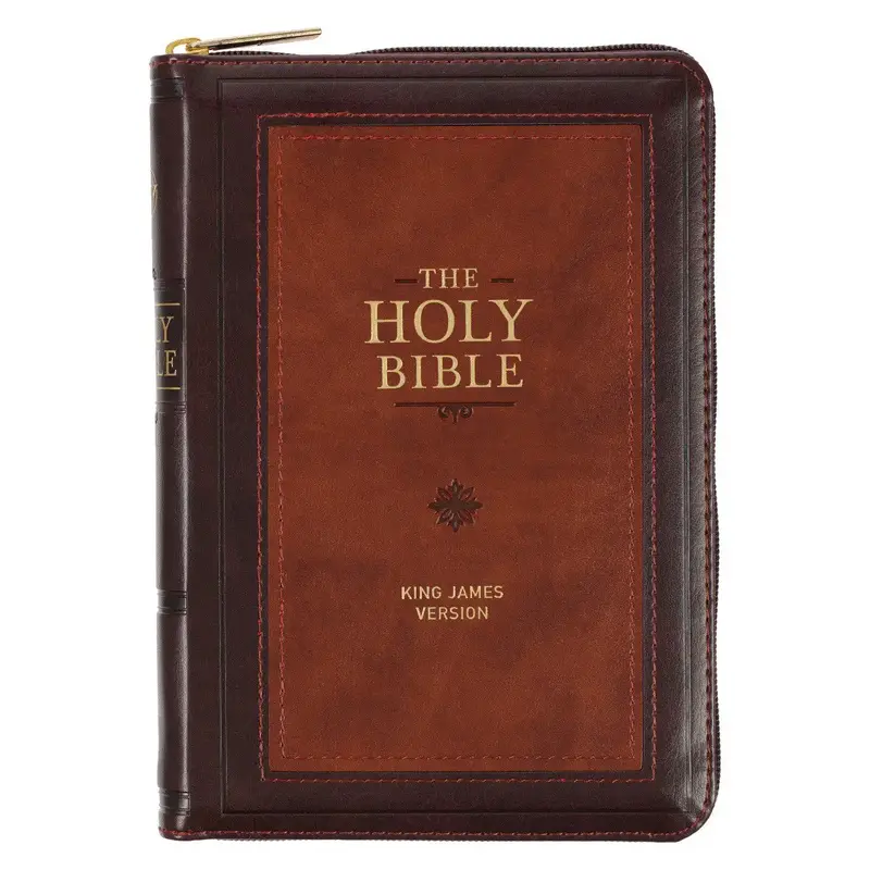 Burgundy and Saddle Tan Framed Faux Leather Compact King James Version Bible with Zippered Closure