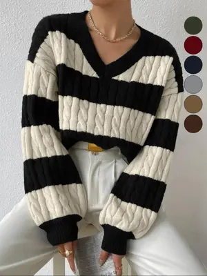Women's Cable Knit Color Block Striped V Neck Sweater, Casual Long Sleeve Drop Shoulder Jumper Pullover Tops for Autumn & Win...