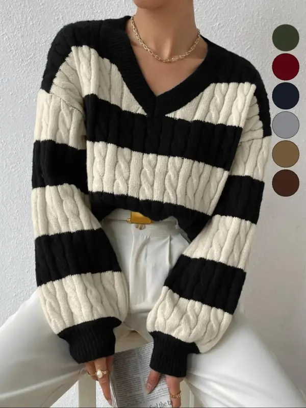 Women's Cable Knit Color Block Striped V Neck Sweater, Casual Long Sleeve Drop Shoulder Jumper Pullover Tops for Autumn & Win...