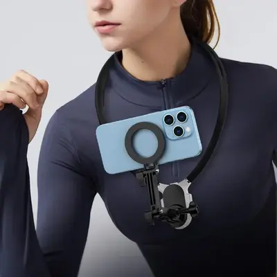 Magnetic Neck Hanging Selfie Mount with Phone Clip for Summer, Hands Free Video Vlog Necklace Phone Stand for GoPro & Insta36...