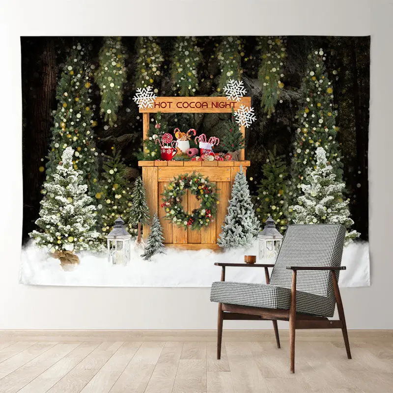 Aperturee Hot Cocoa Night Snowy Trees Christmas Backdrop