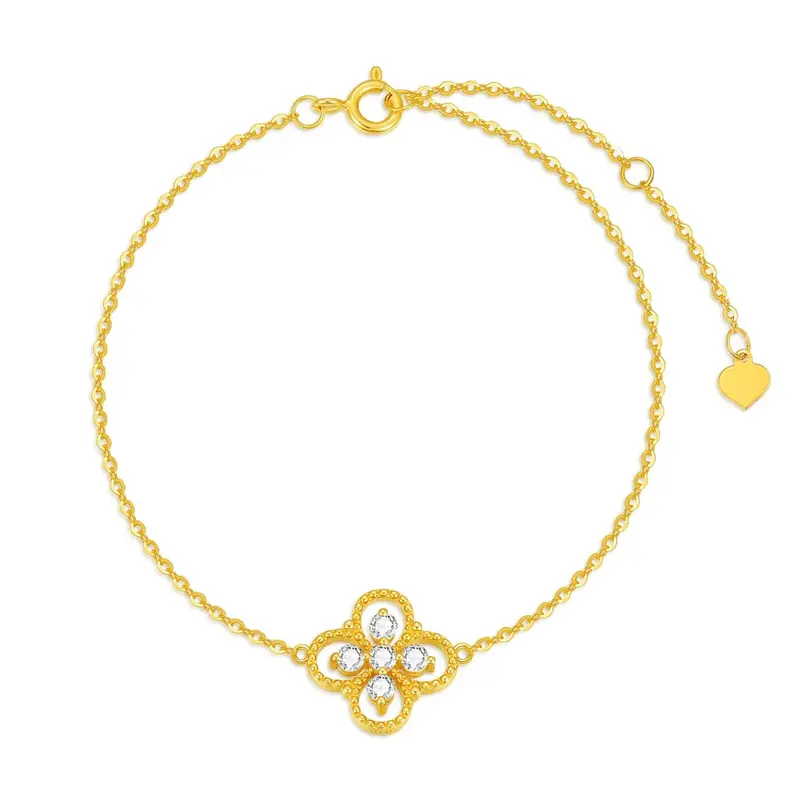 14K Gold Circular Shaped Moissanite Four-leaf Clover Charm Bracelet