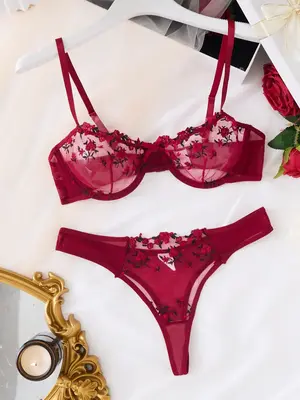 Women's Floral Embroidery Bow Decor Underwear Set, Elegant Comfortable Push Up Bra & Panty Sheer Mesh Lingerie Set, Women'...