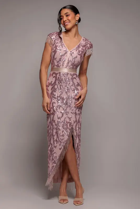 Goddiva Embroidered Sequin Tassel Front Split Midaxi Dress - Blush Pink