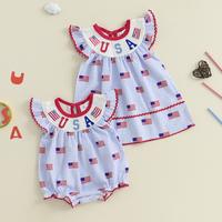 Infant Baby Girl 4th of July Romper/Dress Fly Sleeve Flag Stripes Print Bodysuit Toddler Dress