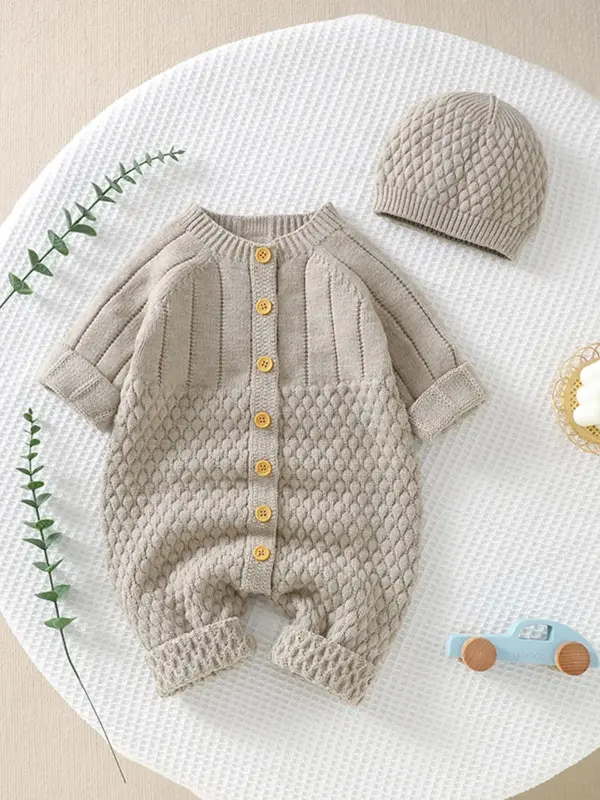 Baby's 2pcs Solid Long Sleeve Button Front Sweater Onesie & Beanie Hat, Cute Raglan Sleeve Round Neck One-piece Knitwear Set,...